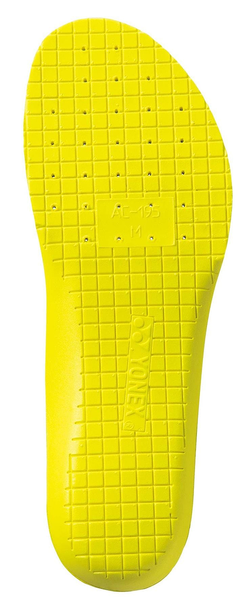 Bright yellow Yonex AC195 Power Cushion+ Badminton Insoles with a grid-like textured underside and small perforations, embossed with size and brand markings, designed for enhanced shock absorption in court sports.