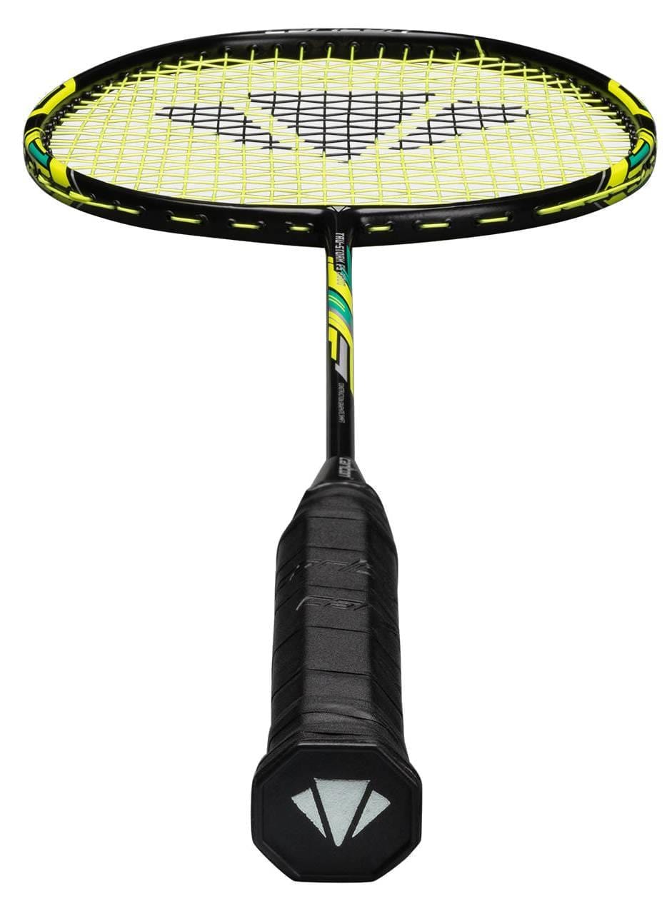 The Carlton Tru-Storm FS 2000 Badminton Racket by Carlton features a black and yellow frame, yellow strings, and a black grip—making it ideal for beginners. Shown from handle to head for a detailed close-up view.