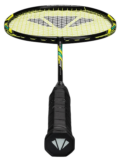 The Carlton Tru-Storm FS 2000 Badminton Racket by Carlton features a black and yellow frame, yellow strings, and a black grip—making it ideal for beginners. Shown from handle to head for a detailed close-up view.