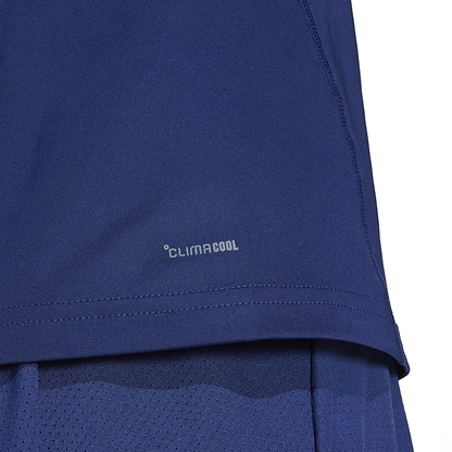 Close-up of an adidas Women's Club Badminton Tank Top in navy, highlighting "Climacool." It's lightweight, breathable, and crafted from recycled materials for a sustainable activewear option.