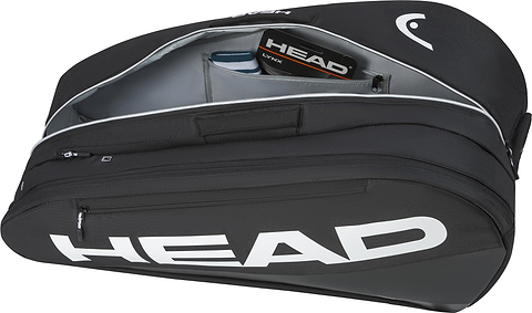 The HEAD Tour 9 Racket Badminton Bag L - Black features a large white HEAD logo, unzipped to show CCT+ climate control compartments, storing a water bottle and HEAD tennis strings.