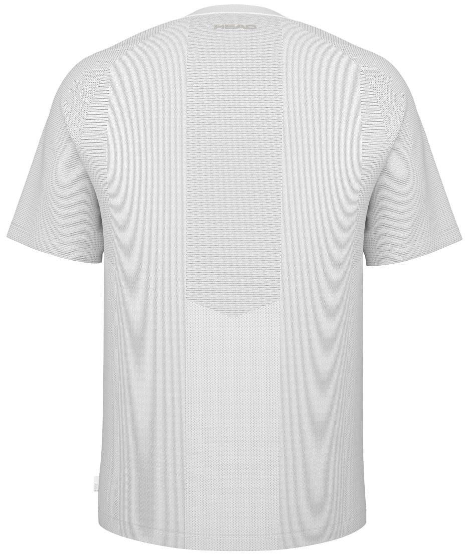 The HEAD Performance Men's Badminton T-Shirt in white features subtle mesh-patterned fabric, a small logo at the upper back, and moisture-wicking for comfort—ideal performance sportswear.