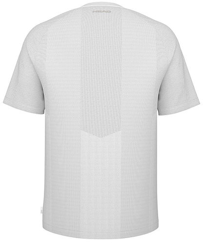 The HEAD Performance Men's Badminton T-Shirt in white features subtle mesh-patterned fabric, a small logo at the upper back, and moisture-wicking for comfort—ideal performance sportswear.