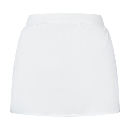 The K-Swiss Tac Hypercourt Pleated Badminton Skirt 4 in white, known for its high-waisted design and subtle pleated style, is featured against a white background.