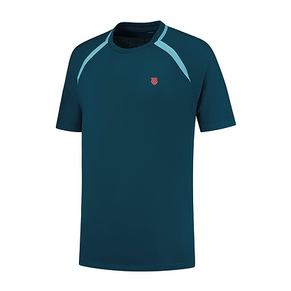 Introducing the K-Swiss Tac Hypercourt Mesh Crew 2 Badminton T-Shirt in Blue Opal, featuring light blue accents on the shoulders and sleeves. A small red emblem on the chest embodies a sleek sports apparel style.