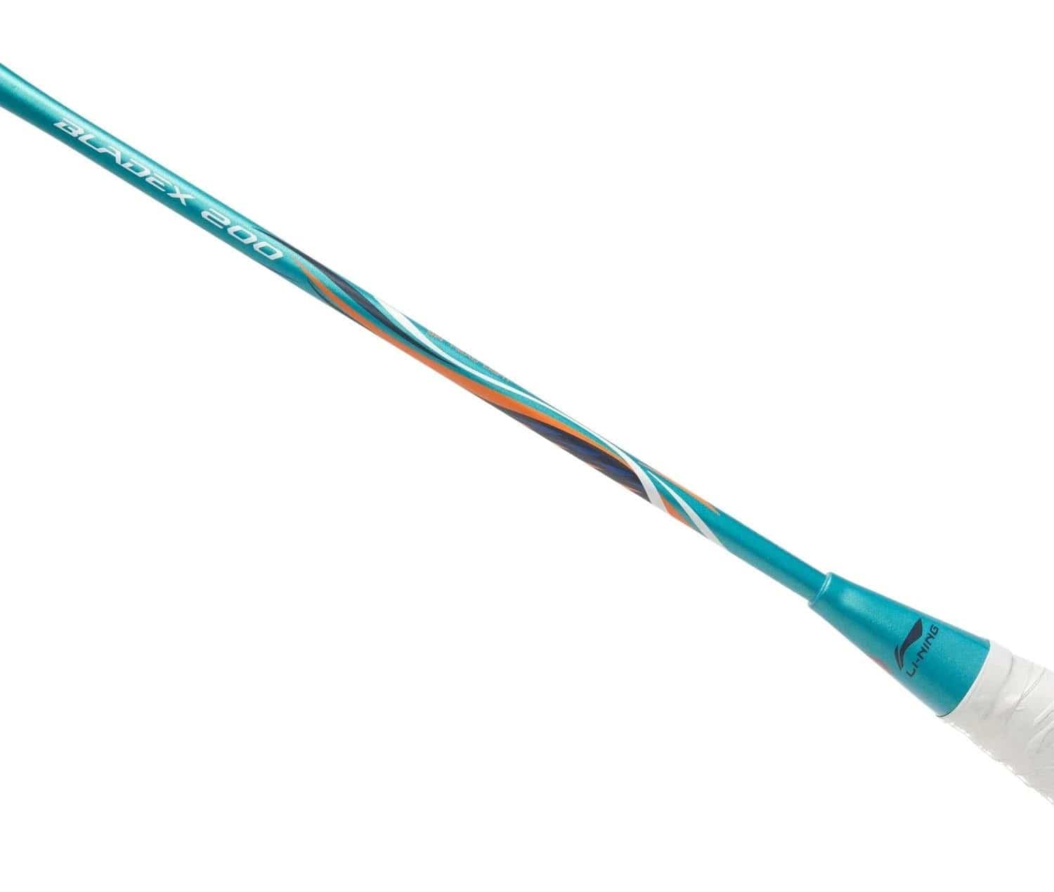 The Li-Ning BladeX 200 3U Badminton Racket in Viridian Green features a turquoise and white handle with colorful striping, labeled "ACRUX 2000." Made from high-modulus carbon fiber, it promises superior court performance.
