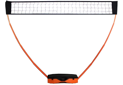The Sure Shot Quick Fit 3 in 1 Garden Net Set features an orange and black frame with a sturdy black base. Curved orange poles support the net, offering a lightweight, simple design for easy setup and transport, ideal for any multi-sport net system needs.