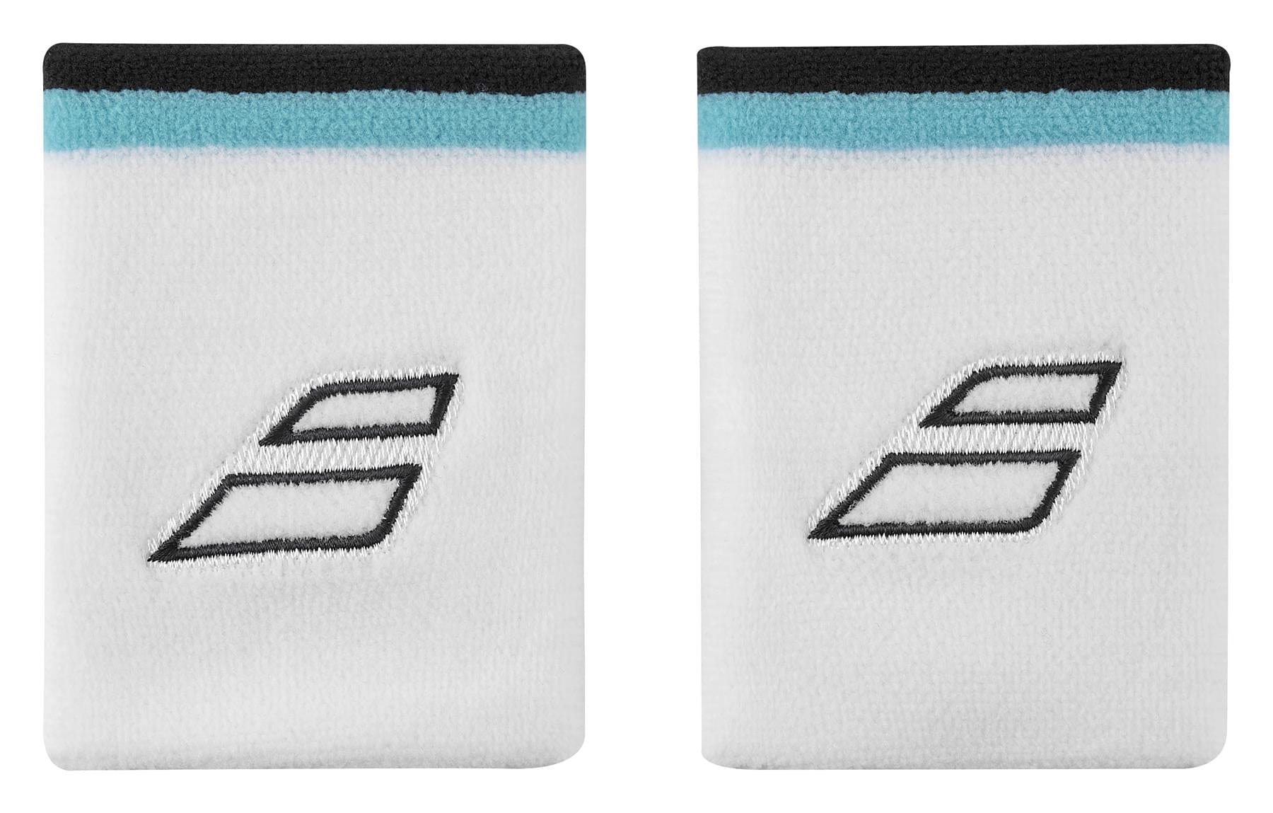The Babolat Terry Jumbo Wristbands, available in White and Estate Blue, showcase an absorbent design with the brand's distinctive black stacked parallelogram logo. Each terrycloth wristband is accented with a striking light blue stripe at the top and a black edge, making them perfect for sporty wear.