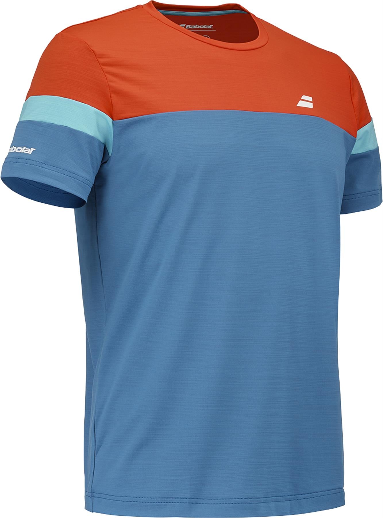 The Babolat Crew Neck Men's Badminton T-Shirt - Seaport features a red-orange upper, blue body, light blue sleeves with teal stripes, and small white Babolat logos on the chest and left sleeve.