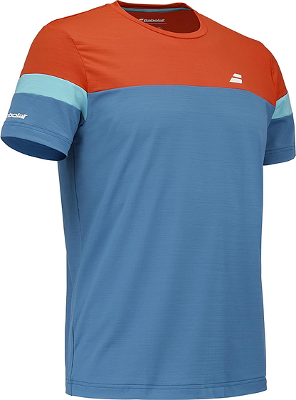 The Babolat Crew Neck Men's Badminton T-Shirt - Seaport features a red-orange upper, blue body, light blue sleeves with teal stripes, and small white Babolat logos on the chest and left sleeve.