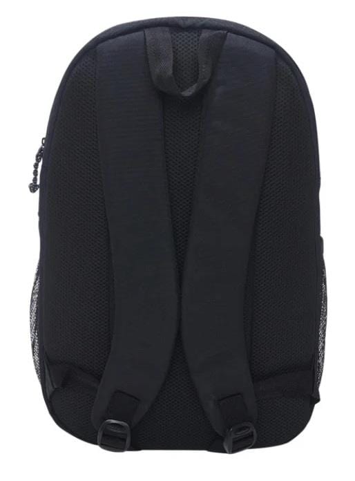 The image displays the back of the Li-Ning Sporty Badminton Backpack - Black, featuring mesh-padded, adjustable shoulder straps and a top handle, blending sleek design with functionality.
