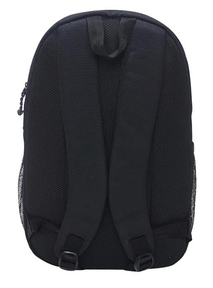 The image displays the back of the Li-Ning Sporty Badminton Backpack - Black, featuring mesh-padded, adjustable shoulder straps and a top handle, blending sleek design with functionality.