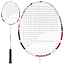 The image features the Babolat X-Feel Rise 2026 3U Badminton Racket in white/red, showing its full frame with black accents, a black grip, and a close-up of the tightly strung head to highlight its power potential.