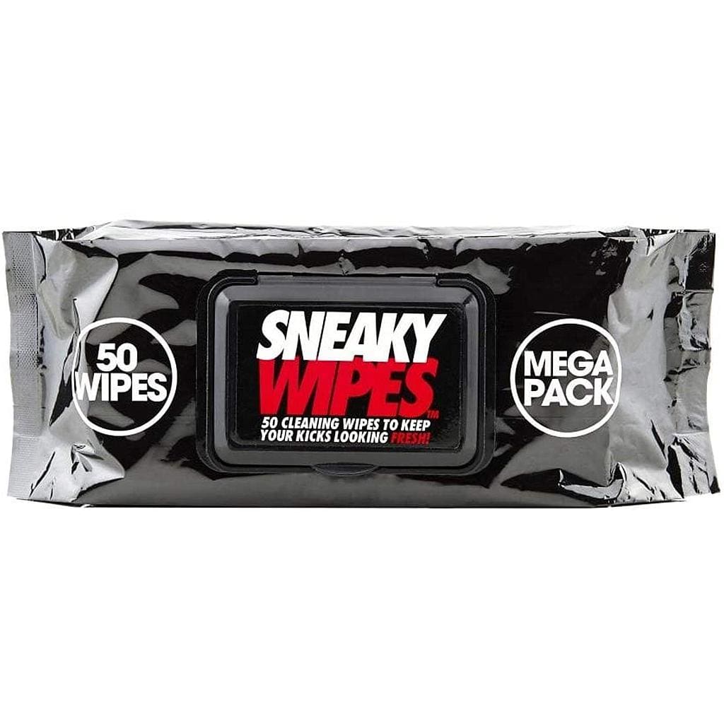 A pack of Sneaky Fresh Shoe Cleaning Wipes (50 Pack) features sleek black packaging with bold white and red text, making these essential wipes perfect for keeping your trainers looking fresh.