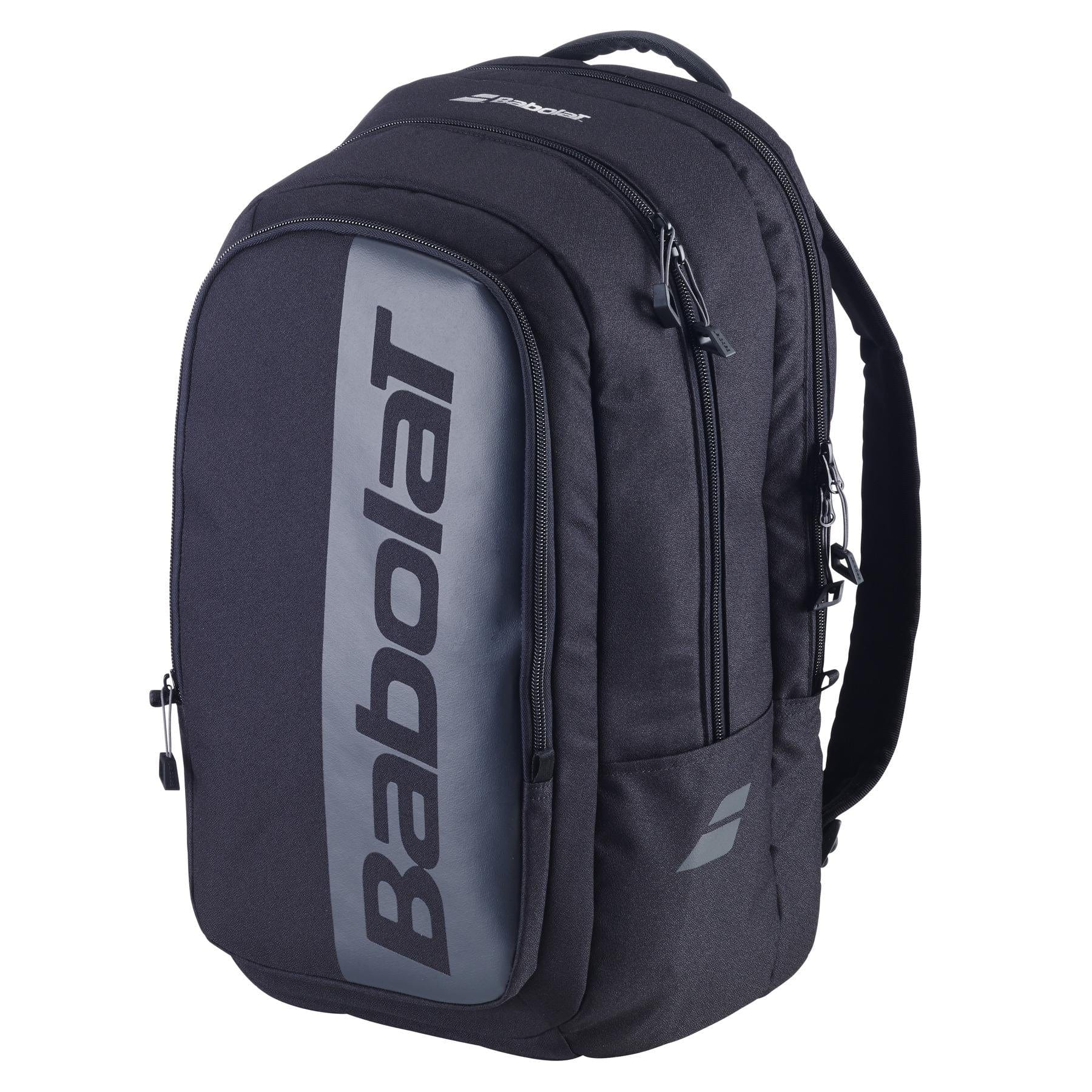 The Babolat Court Hero Badminton Backpack in black features a roomy design with several zippered compartments, padded shoulder straps, and is made from recycled PET. The brand name "Babolat" is displayed prominently on the front.