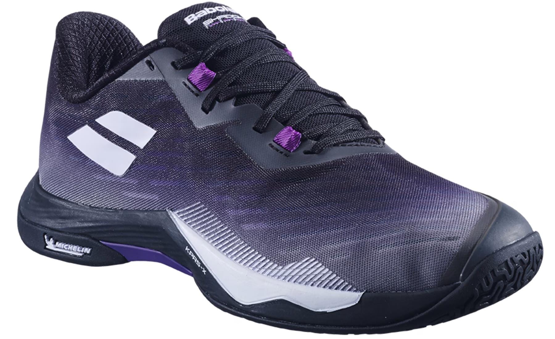 The Babolat Shadow Tour 5 Womens Badminton Shoes in black and purple feature white accents, a white side logo, black laces, and a Michelin-labeled sole—ideal badminton court shoes for top performance.