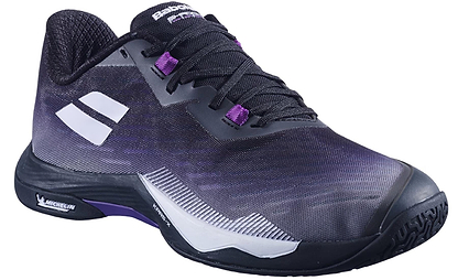 The Babolat Shadow Tour 5 Womens Badminton Shoes in black and purple feature white accents, a white side logo, black laces, and a Michelin-labeled sole—ideal badminton court shoes for top performance.