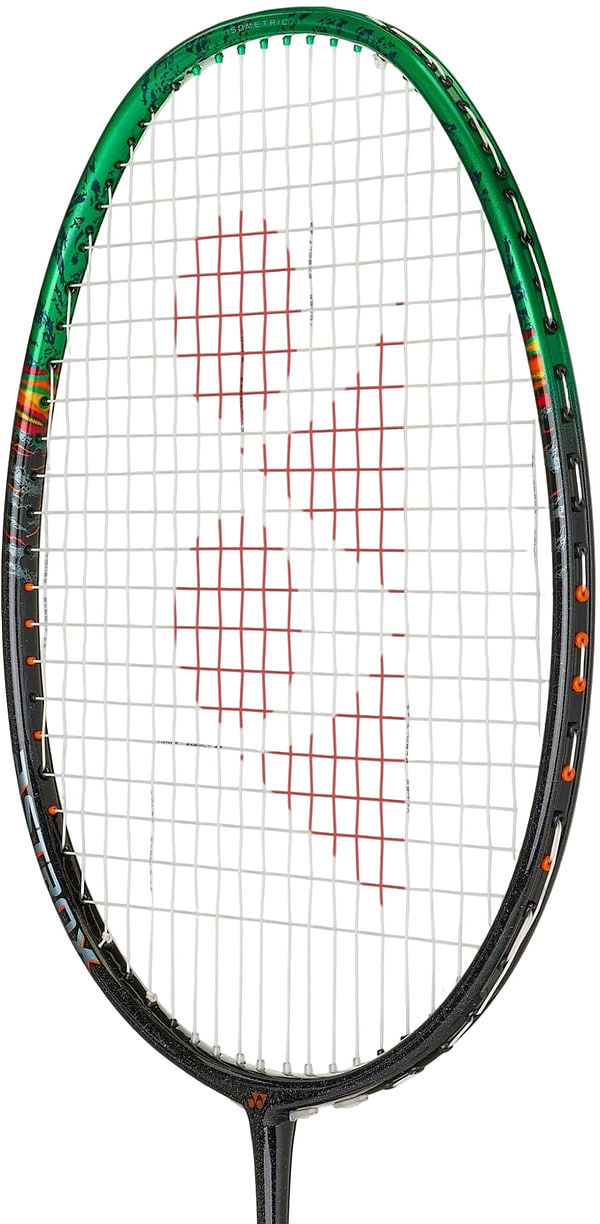 The Yonex Astrox 99 Pro Badminton Racket - Black / Green features the advanced Rotational Generator System and sports white strings with two large red intersecting circles forming the stylized "Y" Yonex logo.