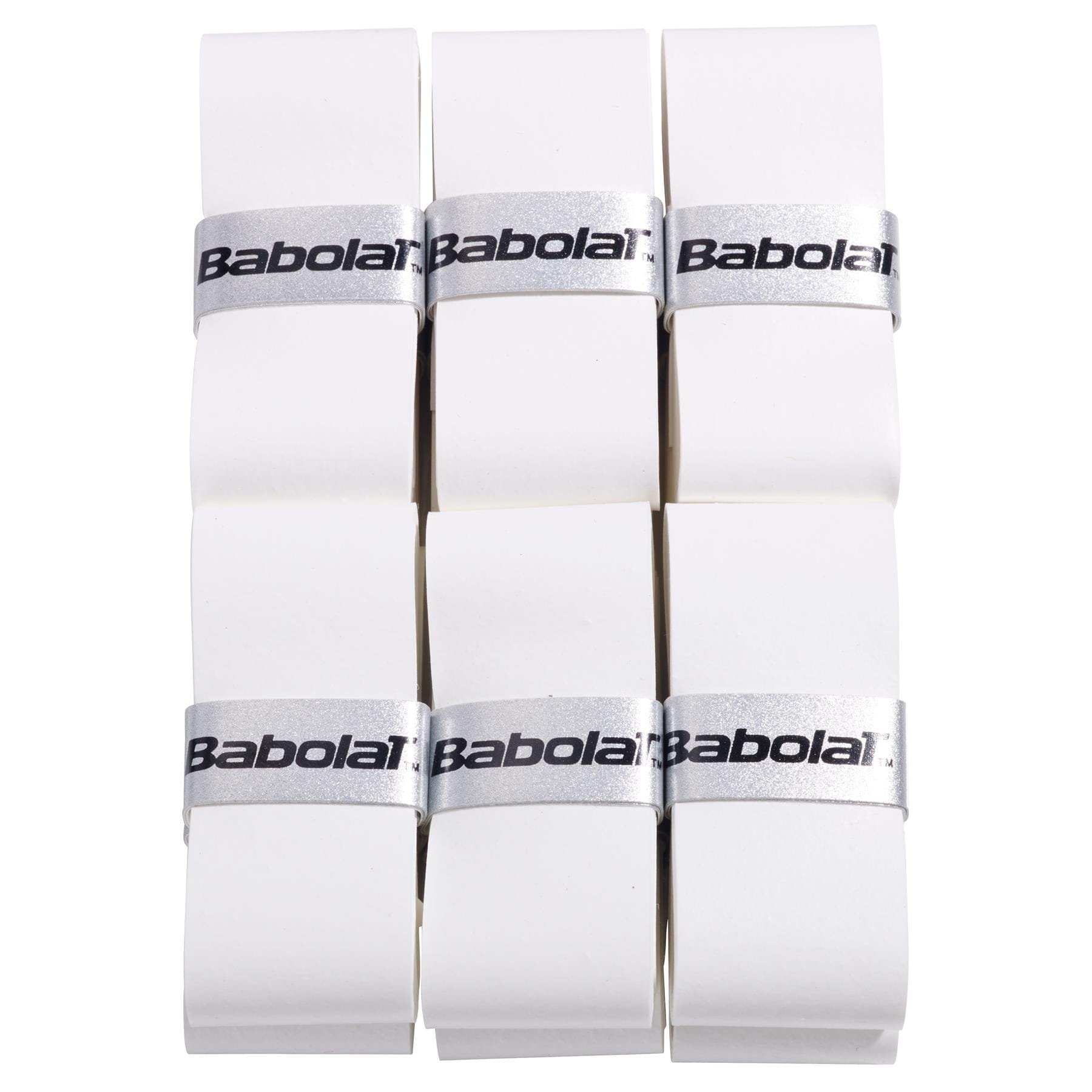 Twelve white Babolat VS Original badminton overgrips, valued for their dry feel and absorbency, are arranged in two columns of six, secured with silver bands labeled "Babolat.