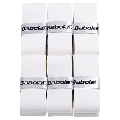 Twelve white Babolat VS Original badminton overgrips, valued for their dry feel and absorbency, are arranged in two columns of six, secured with silver bands labeled "Babolat.
