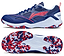 The Li-Ning Blast JF-01 Lite Unisex Badminton Shoes in blue and red feature the Li-Ning brand, white and red accents, and a high-traction blue/red camo outsole visible from the bottom view.