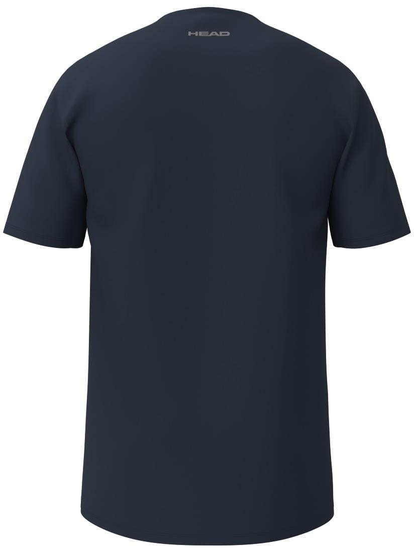 The HEAD Simple Mens Badminton T-Shirt - Navy is a plain dark navy short-sleeve tee shown from the back, with a small light gray "HEAD" logo near the neckline. Made from soft polyester for comfort and durability.