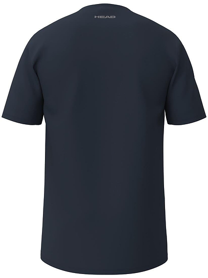 The HEAD Simple Mens Badminton T-Shirt - Navy is a plain dark navy short-sleeve tee shown from the back, with a small light gray "HEAD" logo near the neckline. Made from soft polyester for comfort and durability.