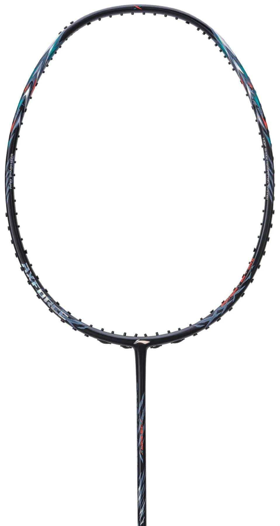 A close-up of the Li-Ning Axforce 70 5U Badminton Racket - Black / Silver by Li-Ning, highlighting its black and silver frame with Wing Stabiliser technology, shown unstrung against a white background.
