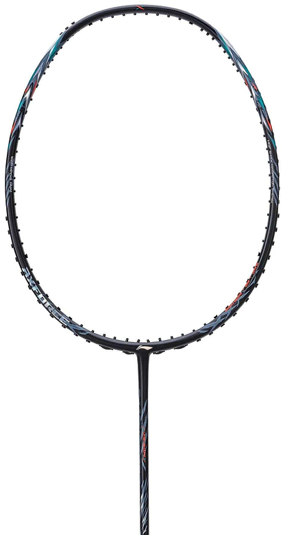 A close-up of the Li-Ning Axforce 70 5U Badminton Racket - Black / Silver by Li-Ning, highlighting its black and silver frame with Wing Stabiliser technology, shown unstrung against a white background.