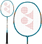 The Yonex Arcsaber 73 Light 5U Badminton Racket in Aqua Blue features a black grip, white net with a red Yonex logo, and is displayed in full and close-up views. This lightweight racket from Yonex combines style and precision.