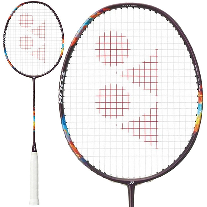 The Yonex Nanoflare 700 Tour 4U Badminton Racket in Midnight Purple features a white grip, dark frame with colorful accents, and red logo on the strings. A close-up of the head highlights its advanced player-oriented design.