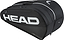The HEAD Tour 9 Racket Badminton Bag L - Black features white branding, multiple zippered compartments, sturdy straps, CCT+ climate control technology, and a sleek design—ideal as a badminton bag or for carrying up to 9 rackets.