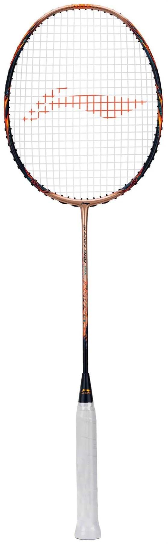 The Li-Ning BladeX 900 Sun Max 3U Badminton Racket - Red Copper features a white grip, black and red copper frame, white strings, and HDF Shock Absorbing System, displayed against a plain white background.