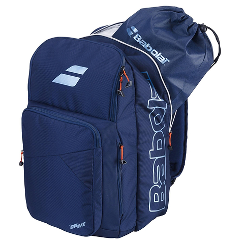 The Babolat Pure Drive Badminton Backpack in blue features multiple compartments and zippers for organizing gear, along with a top drawstring bag showcasing the iconic white Babolat logo.