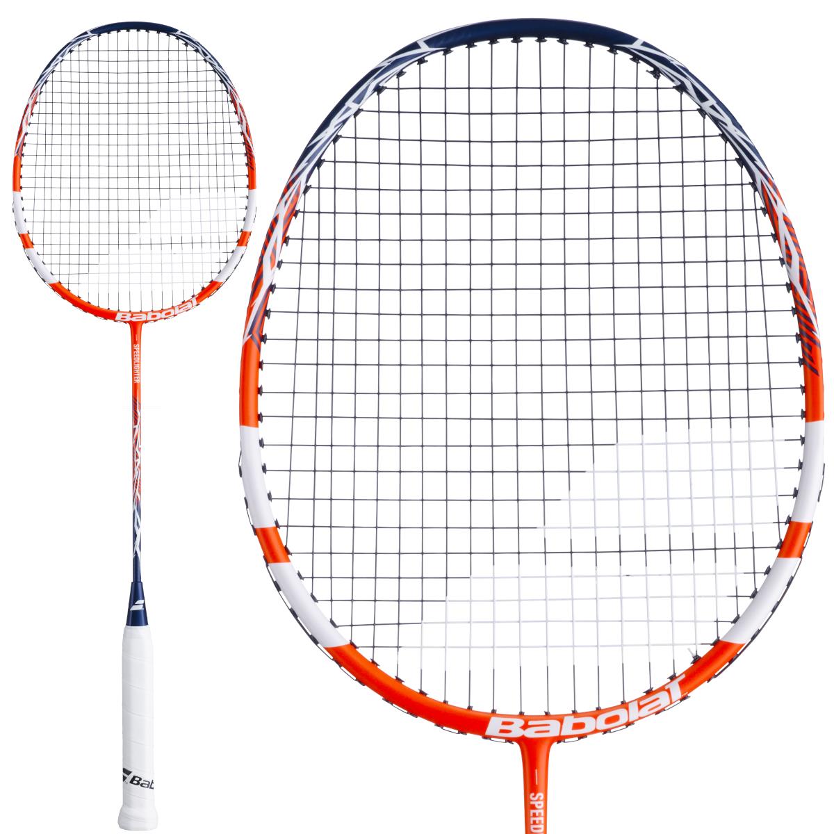 Two views of the Babolat Speedlighter 2026 Badminton Racket by Babolat, ideal for beginners. This model features an orange and white frame, with images showing the full racket and a close-up of the racket head.