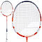 Two views of the Babolat Speedlighter 2026 Badminton Racket by Babolat, ideal for beginners. This model features an orange and white frame, with images showing the full racket and a close-up of the racket head.