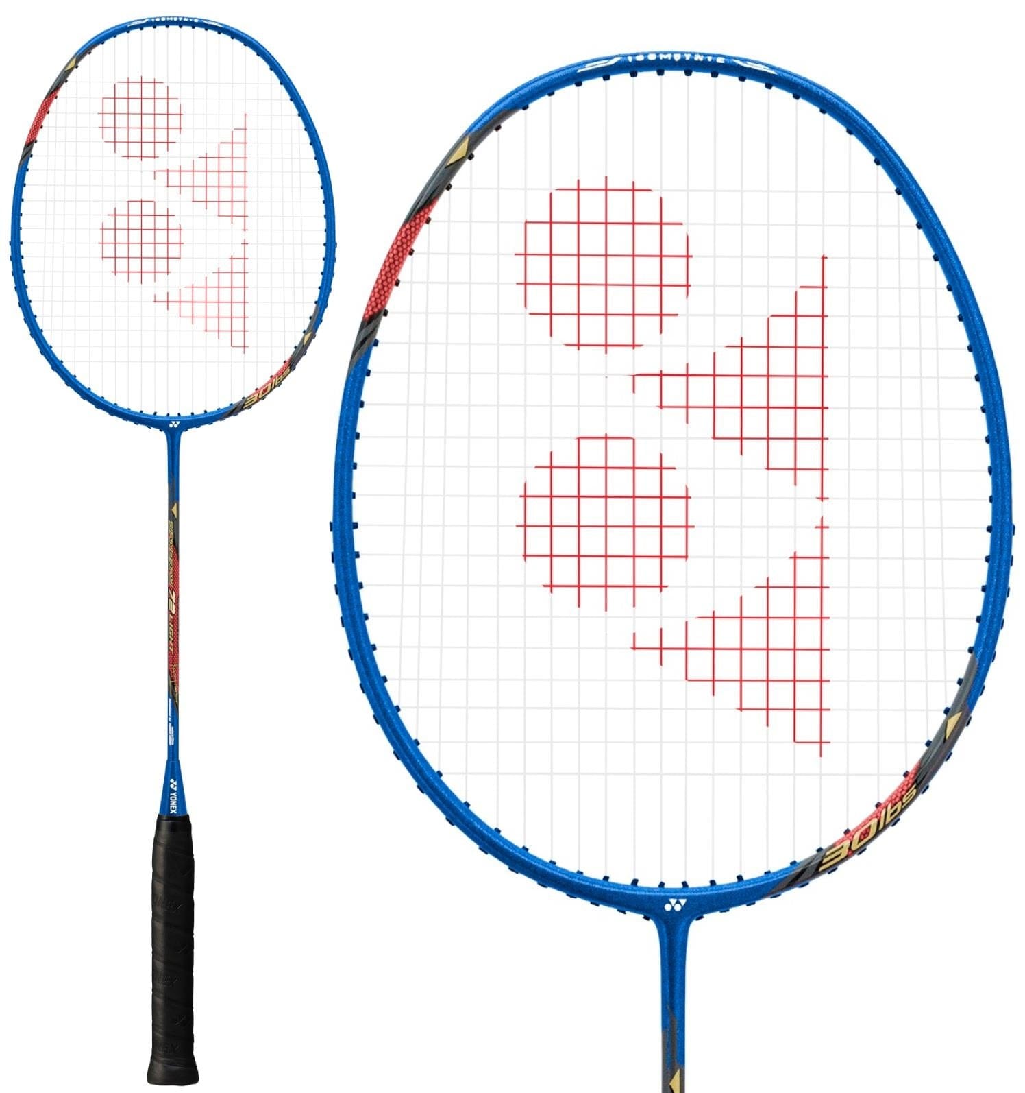 The Yonex Nanoray 72 Light 5U Badminton Racket in blue features a black grip, red geometric design on its white stringed head, and head light balance. Images display both the full racket and a close-up of its head.