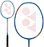 The Yonex Nanoray 72 Light 5U Badminton Racket in blue features a black grip, red geometric design on its white stringed head, and head light balance. Images display both the full racket and a close-up of its head.