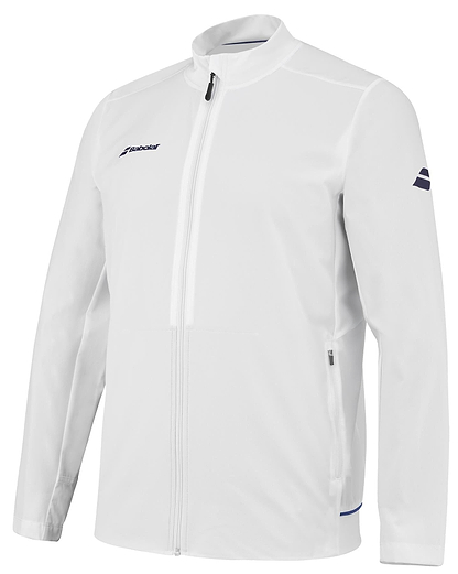 The Babolat Play Men's Badminton Jacket in white, designed by the renowned brand Babolat, showcases navy blue accents. It is crafted from Fiber Dry-polyester to ensure breathability and includes a high collar, pockets, and stretchable fabrics. The jacket is adorned with logos on both the chest and sleeve.