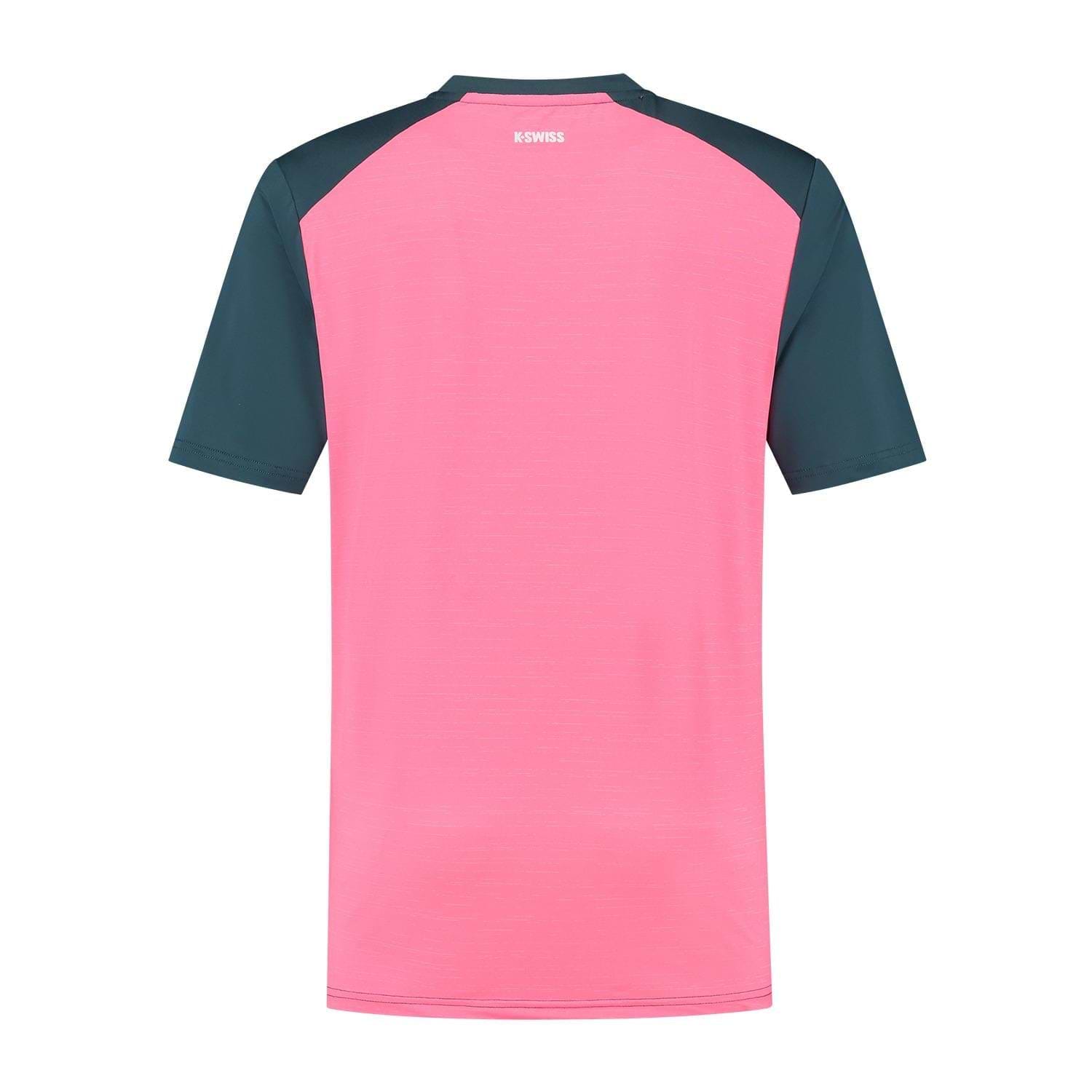 Back view of the K-Swiss Hypercourt Mix Melange Men's Badminton T-Shirt in Stargazer/Pink, with a pink body, dark green sleeves, and a small white "K SWISS" logo at the top center for official branding and performance design.
