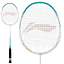 The Li-Ning Axforce 9 3U Badminton Racket - Kingfisher Green, a head-heavy racket, showcases a white frame with striking blue accents and features a black grip. Its unique string pattern is displayed both in full length and via a close-up of the head, all against a clean white backdrop.