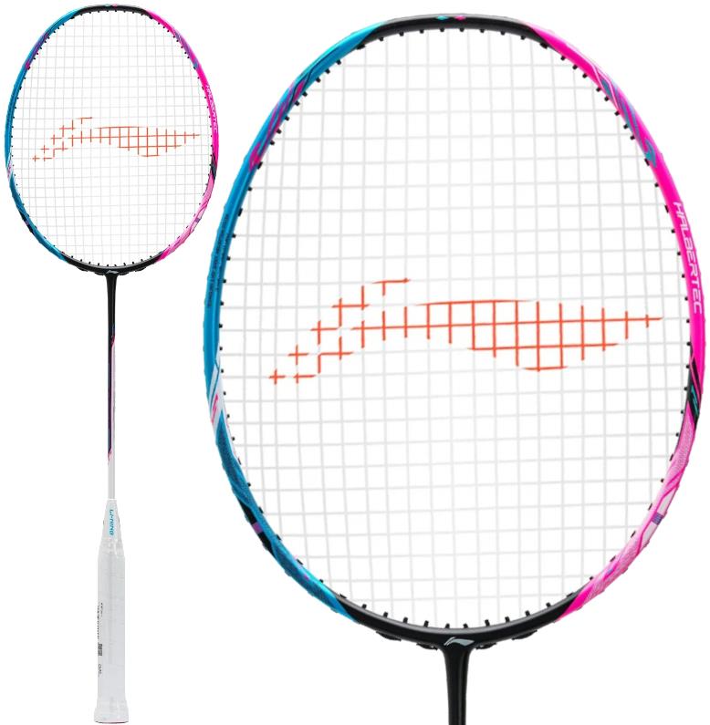 The Li-Ning Halbertec 8000 4U Badminton Racket in Capri Breeze/Neon Iridescent Pink features a white grip, a multicolored blue, pink, and black frame, military-grade carbon fiber construction, and orange pattern strings. Full and close-ups shown.