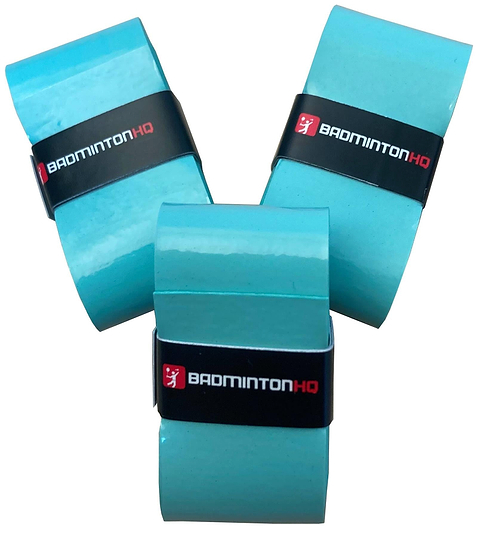 The BadmintonHQ 3 Pack Badminton Overgrips in teal feature sweat-absorption technology and include black "BadmintonHQ" bands (white/red logo), shown in a triangular arrangement against a white background.