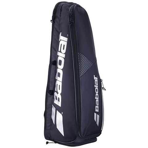 The Babolat Backrack 3 Badminton Bag - Black by Babolat features a sleek design with white logo text along the side. Constructed from recycled polyester, it includes multiple compartments and a sturdy handle for easy carrying.