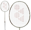 A light beige Yonex Arcsaber 7 Play 4U badminton racket with a red geometric string design and ISOMETRIC frame, shown in full view and with a close-up of the racket head.