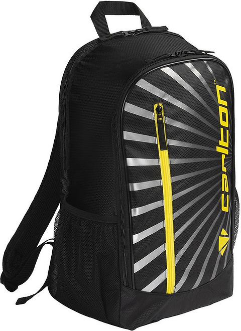 The Carlton Team Badminton Backpack in Black and Yellow features a stylish design with white radiating lines, a yellow zipper, and yellow “Carlton” branding on the front pocket. It also includes functional details like side mesh pockets, making it an ideal racket bag for both style and practicality.