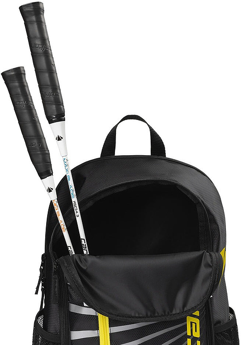 A Carlton Team Badminton Backpack in black and yellow, designed by Carlton as a badminton backpack or racket bag, with two white tennis racquet handles visible from the partially open top compartment.