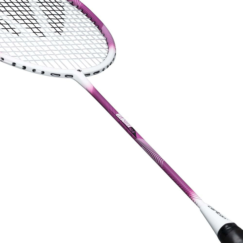 A close-up of the ultra-lightweight Carlton Velocitex G2.0 G6 5U Badminton Racket by Carlton, featuring a sleek white and purple design on the shaft and white strings on its oval head, set against a plain white background.