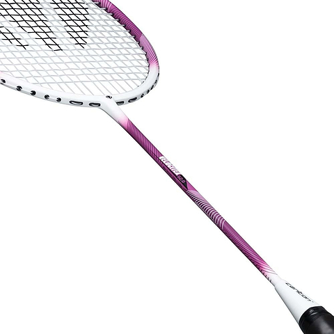 A close-up of the ultra-lightweight Carlton Velocitex G2.0 G6 5U Badminton Racket by Carlton, featuring a sleek white and purple design on the shaft and white strings on its oval head, set against a plain white background.