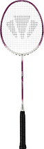 A white and purple Carlton Velocitex G2.0 G6 5U Badminton Racket by Carlton is displayed upright against a plain background, ideal for intermediate players looking for an ultra-lightweight badminton racket.